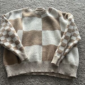 Brown and Cream Checkered Sweater